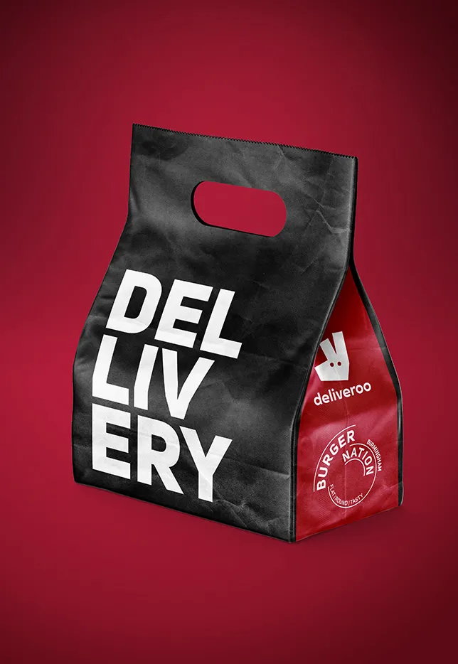 Printed restaurant packaging, black restaurant branded packaging, Printed burger delivery packaging, nonfacture design
