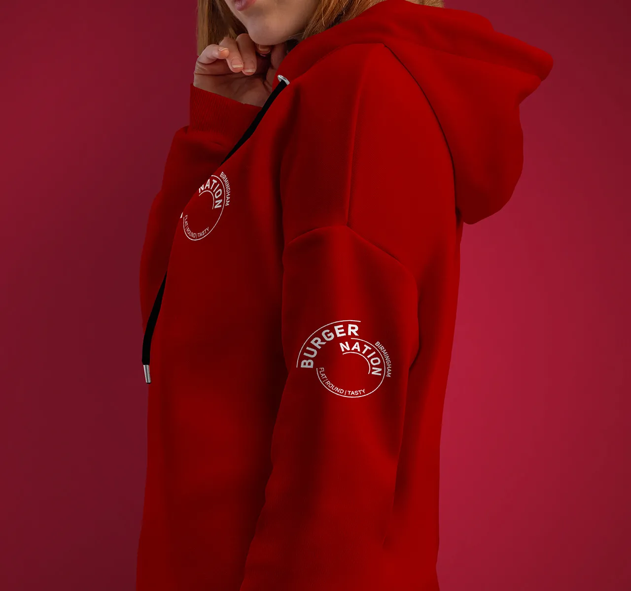 Staff restaurant clothing design, staff red hoodie, Staff branded workwear clothing, restaurant branded clothing, nonfacture design