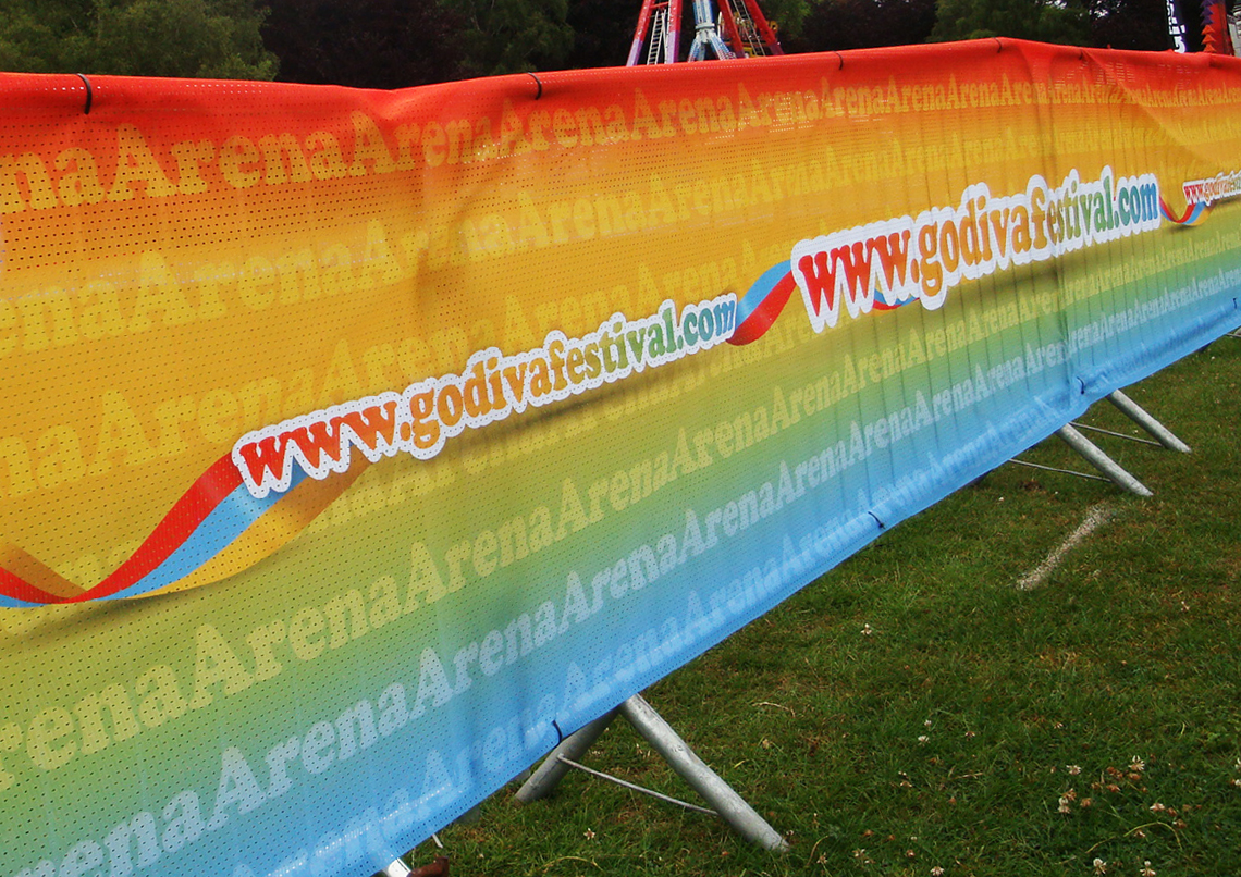 heras mesh fencing. printed heras fencing, festival scrim printing, godiva festival print, Coventry