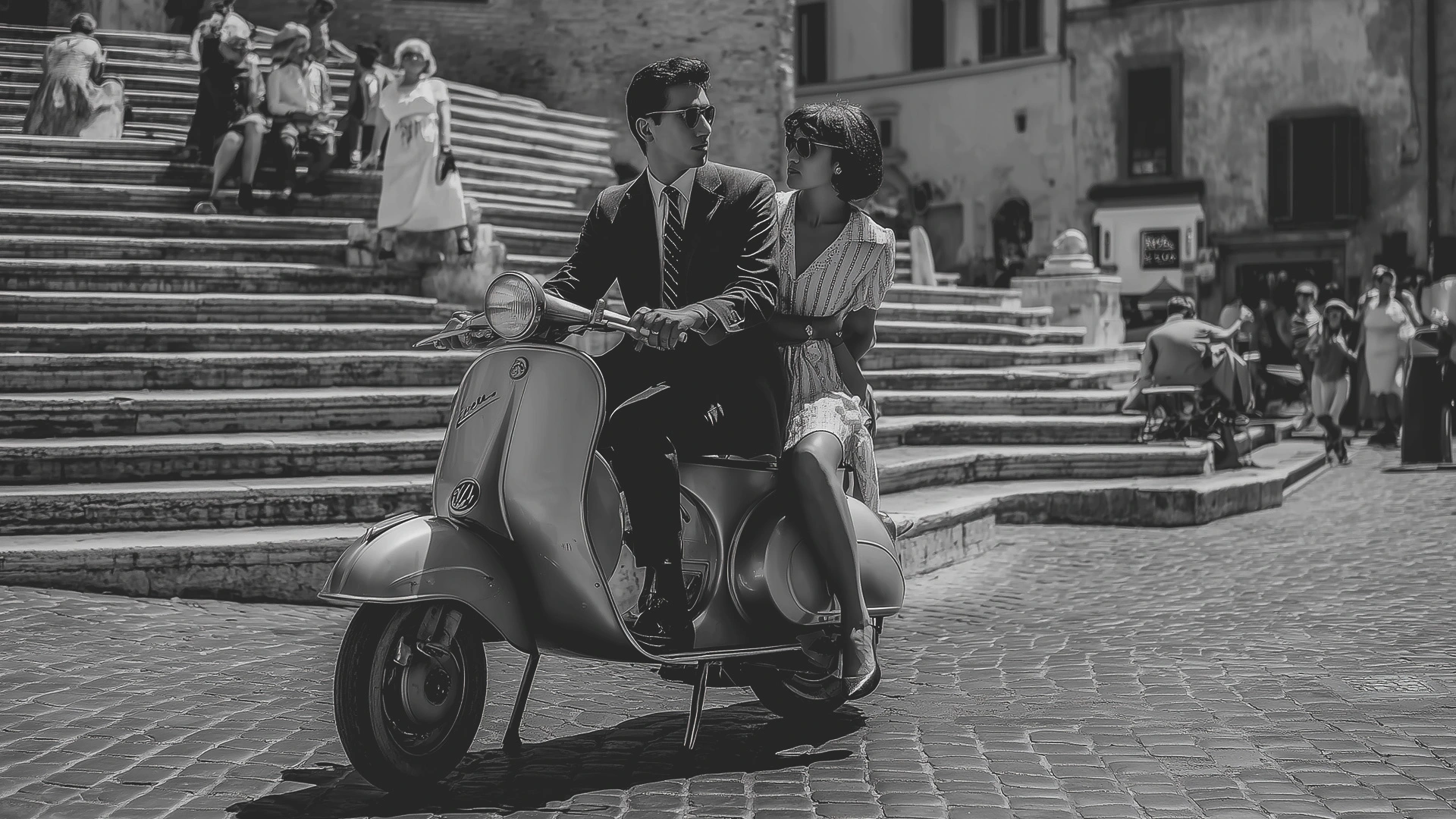 1950 black and white iconic Italian street background of a couple riding a Vespa